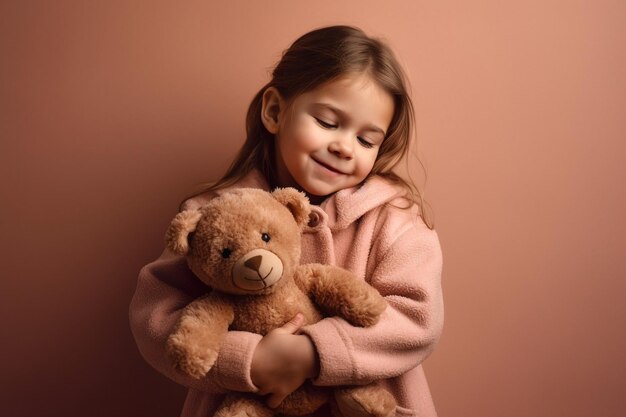 A girl holding a teddy bear with a pink sweater on.
