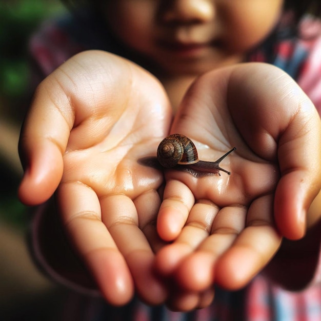 Photo girl holding a tiny snail in her palms