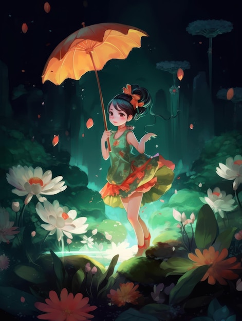 Girl holding umbrella in magical world anime generative AI