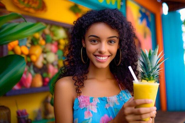 girl holding up fruit smoothie tropical background