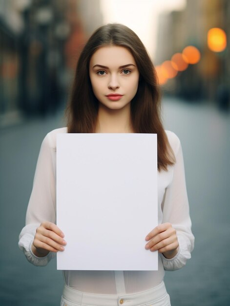 Photo girl holding white blank sign