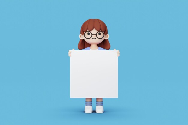 Photo girl holding a whiteboard 3d render