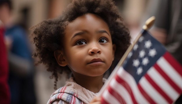 A girl holds an american flag in the street.