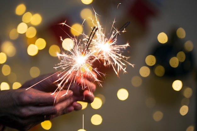 Girl holds bengal lights - happy christmas and merry holidays