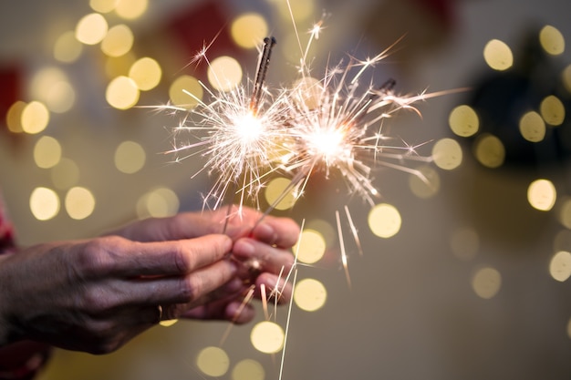 Girl holds bengal lights - happy christmas and merry holidays