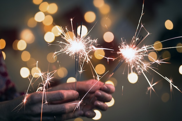 Girl holds bengal lights - happy christmas and merry holidays