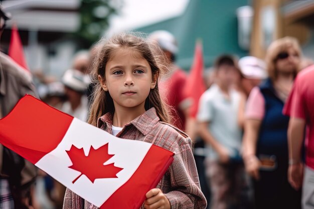 A girl holds a canadian flag in front of a crowd.