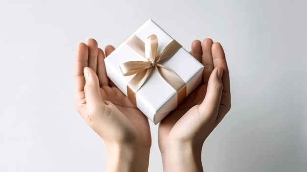 Photo a girl holds a cute gift box in her hands on a light background