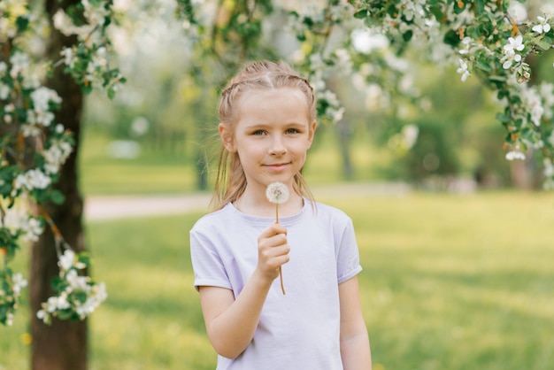 Girl holds a dandelion in her hands in the park in spring