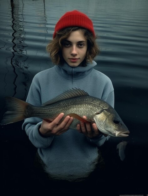 Photo a girl holds a fish that has the word fish on it.