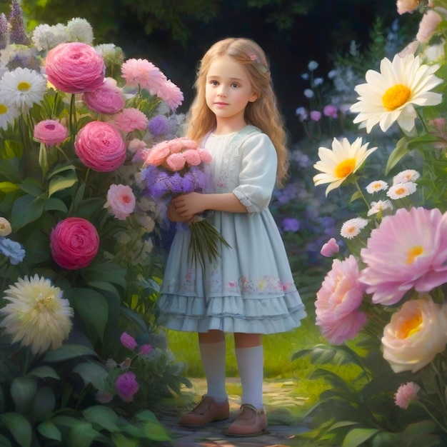 A girl holds flower bouquet