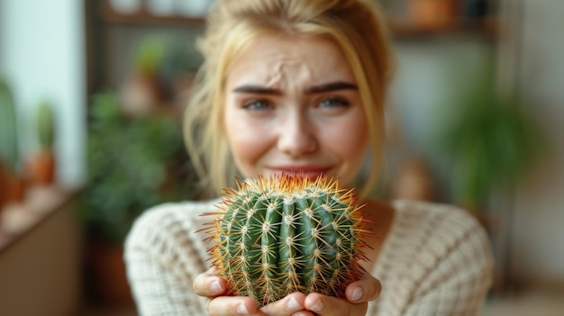 A girl holds a flower pot with a green cactus Environmental protection and activism Gardening and planting plants at home