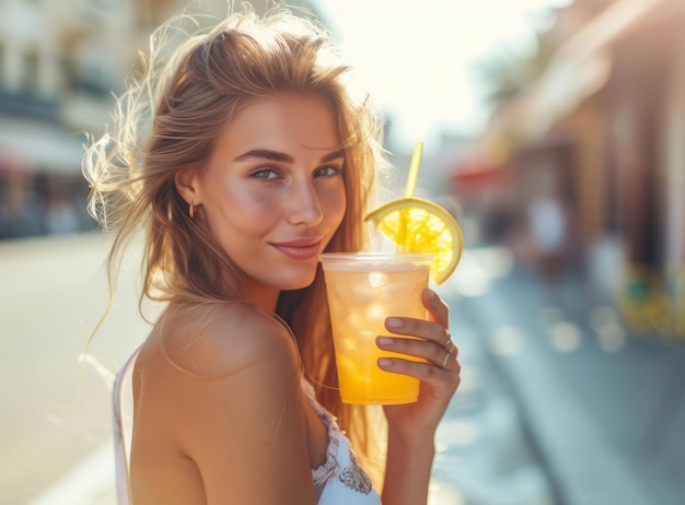 A girl holds a glass of orange juice in bright sunlight Summer portrait girl on vacation