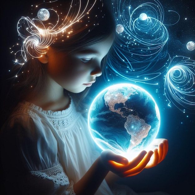 Photo a girl holds a globe with the earth in her hands