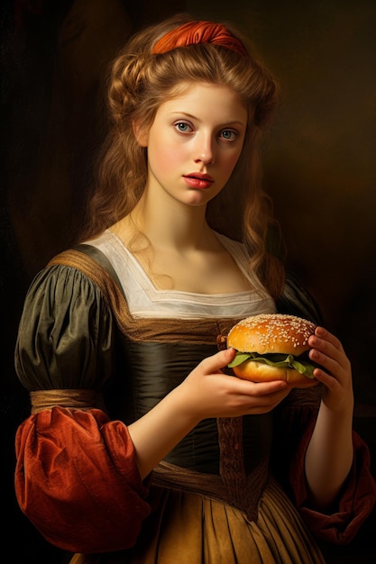 The girl holds a hamburger