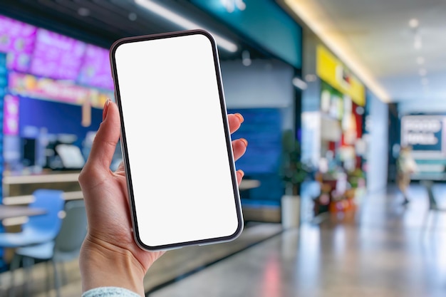 Photo girl holds in her hands a mockup of a smartphone with a white screen against the background of a supermarket