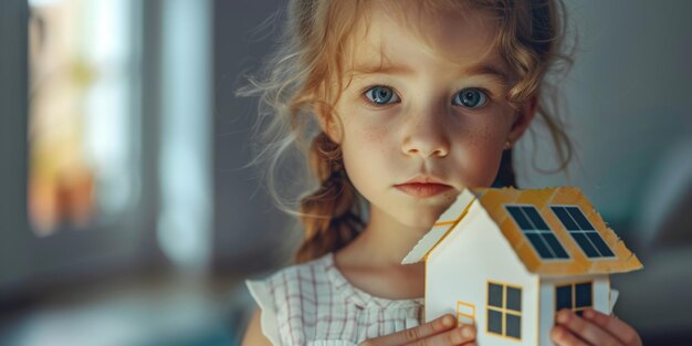 Foto una ragazza tiene in mano un modello di una casa con un pannello solare concetto di sostenibilità energetica alternativa ia generativa