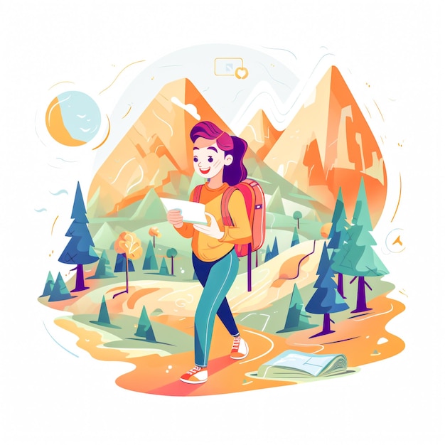 A Girl holds a map of the area in her hands and looks at the map Flat Vector illustration