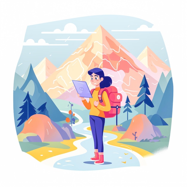 A Girl holds a map of the area in her hands and looks at the map Flat Vector illustration