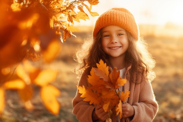 a girl holds a maple leaf in her hands.