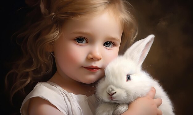 a girl holds a rabbit and looks at the camera