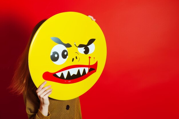 Photo the girl holds a sign in front of her a yellow emoticon of emotions