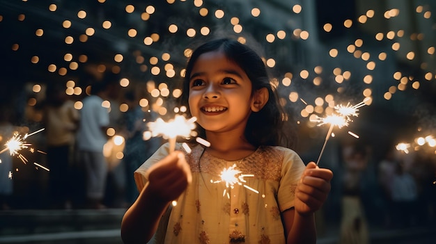 A girl holds sparklers in front of a string of lights