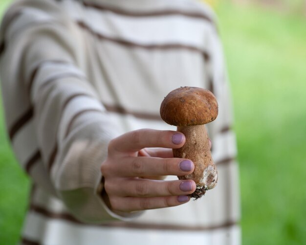 The girl holds a white mushroom in her hands. local focus.