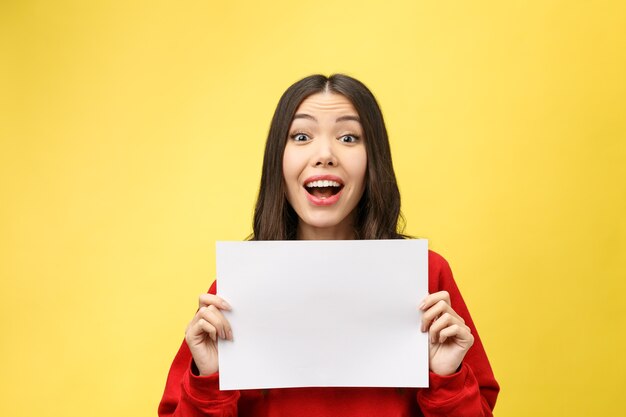 Girl holds a white sheet in hands, an office worker shows a blank sheet.