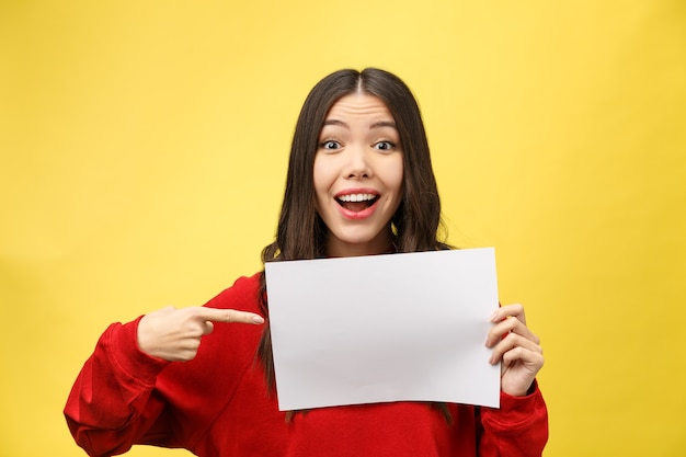 Girl holds a white sheet in hands, an office worker shows a blank sheet.