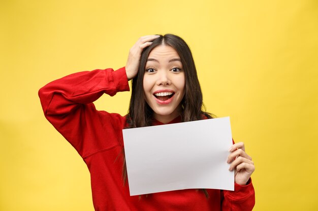 Girl holds a white sheet in hands, an office worker shows a blank sheet.