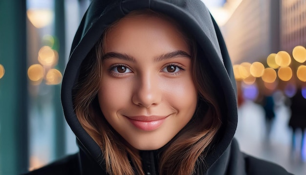 Foto una ragazza con un cappuccio e un sorriso