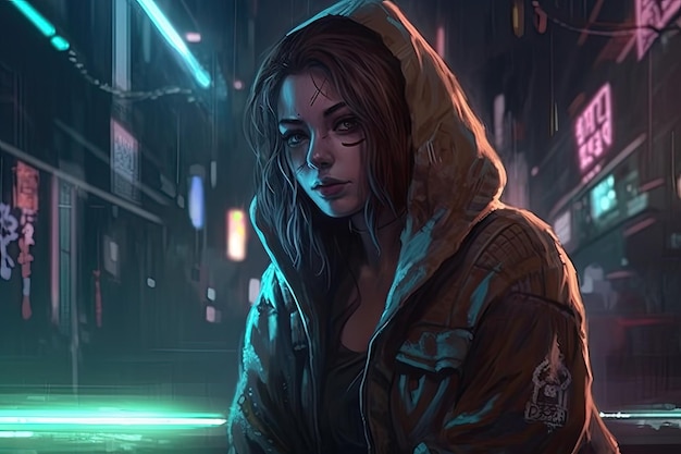 A girl in a hoodie sits in a dark city street.