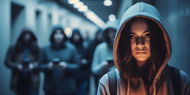 A girl in a hoodie stands in a dark hallway with people in the background.