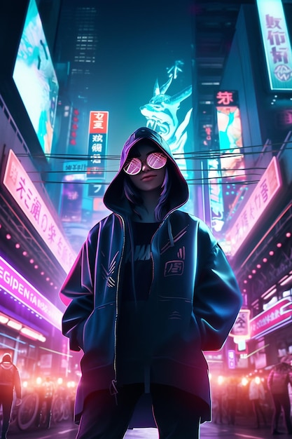 A girl in a hoodie stands in front of a neon billboard that says'cyberpunk'on it