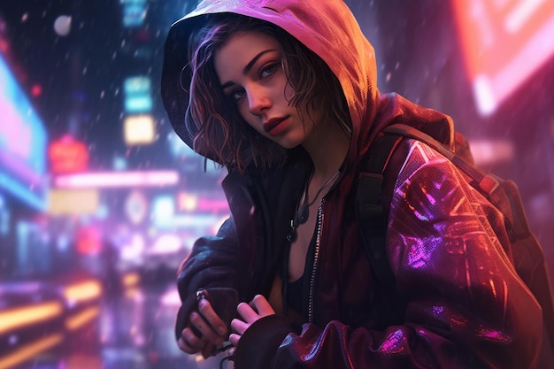 Premium AI Image | A girl in a hoodie stands in the rain in a rainy night.