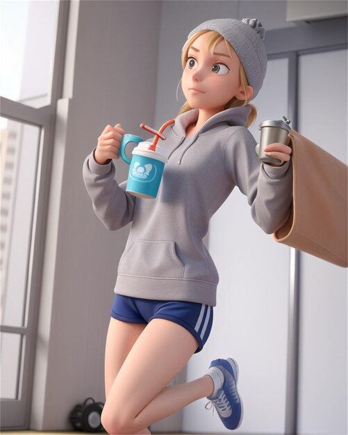 フーディを着た女の子とコーヒーを飲むカップ