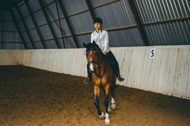 A girl on horseback riding an arena