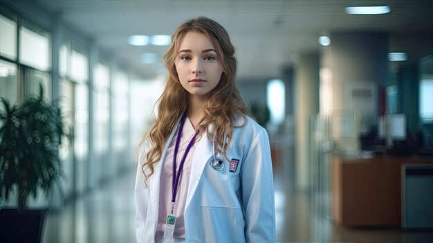 A girl in a hospital room dressed in a doctor39s uniform