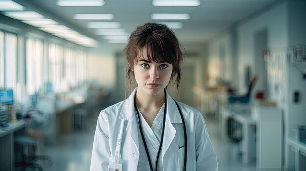 A girl in a hospital room dressed in a doctor39s uniform