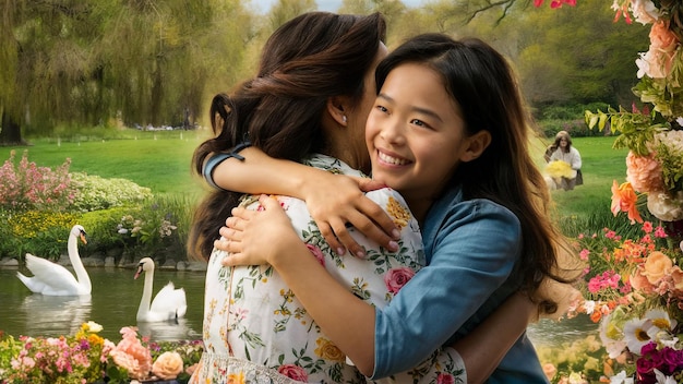 a girl hugging another girl in a garden with flowers