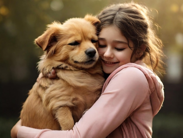 犬とピンクのドレスを着た女の子を抱きしめる女の子