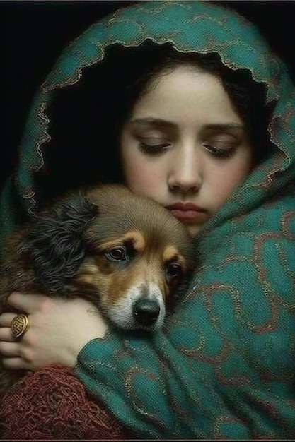 A girl hugging a dog that is wearing a green scarf.