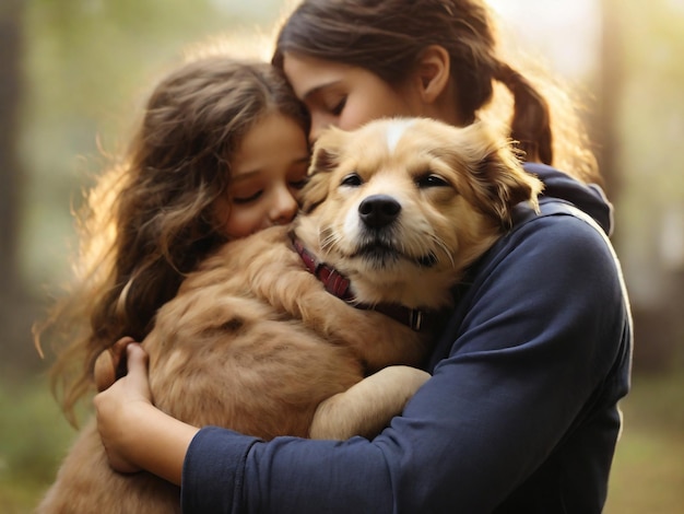 a girl hugging a dog with a girl hugging her