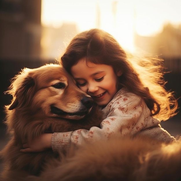 a girl hugging a dog with a girl hugging her.