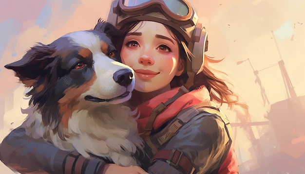 girl hugging helmet with her border collie dog in the style of anime art vray scoutcore