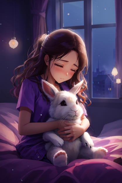 a girl hugging a rabbit in a dark room.