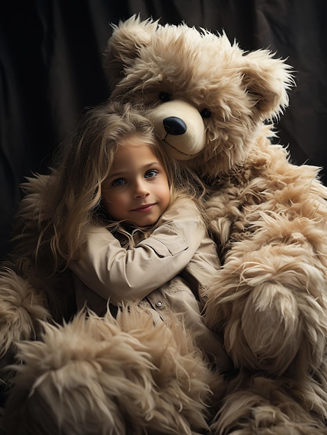 Girl hugging teddy bear in light grey and blue eyes portrait
