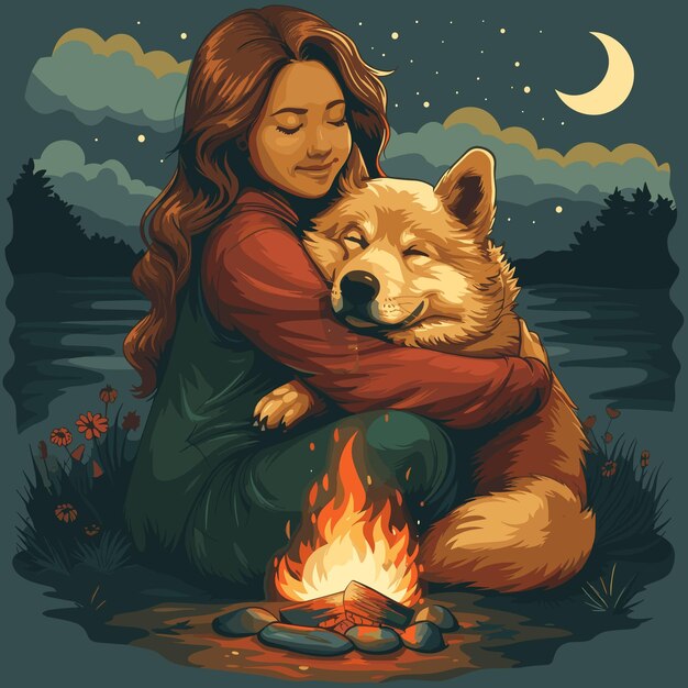 a girl hugging a wolf and a fire with a girl hugging her dog