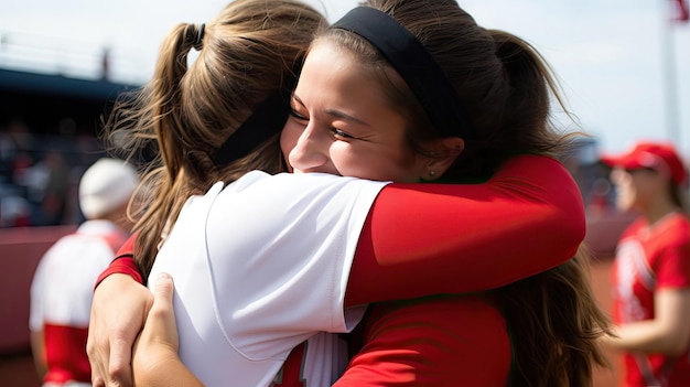 A girl hugs another girl, who is wearing a red and white shirt.